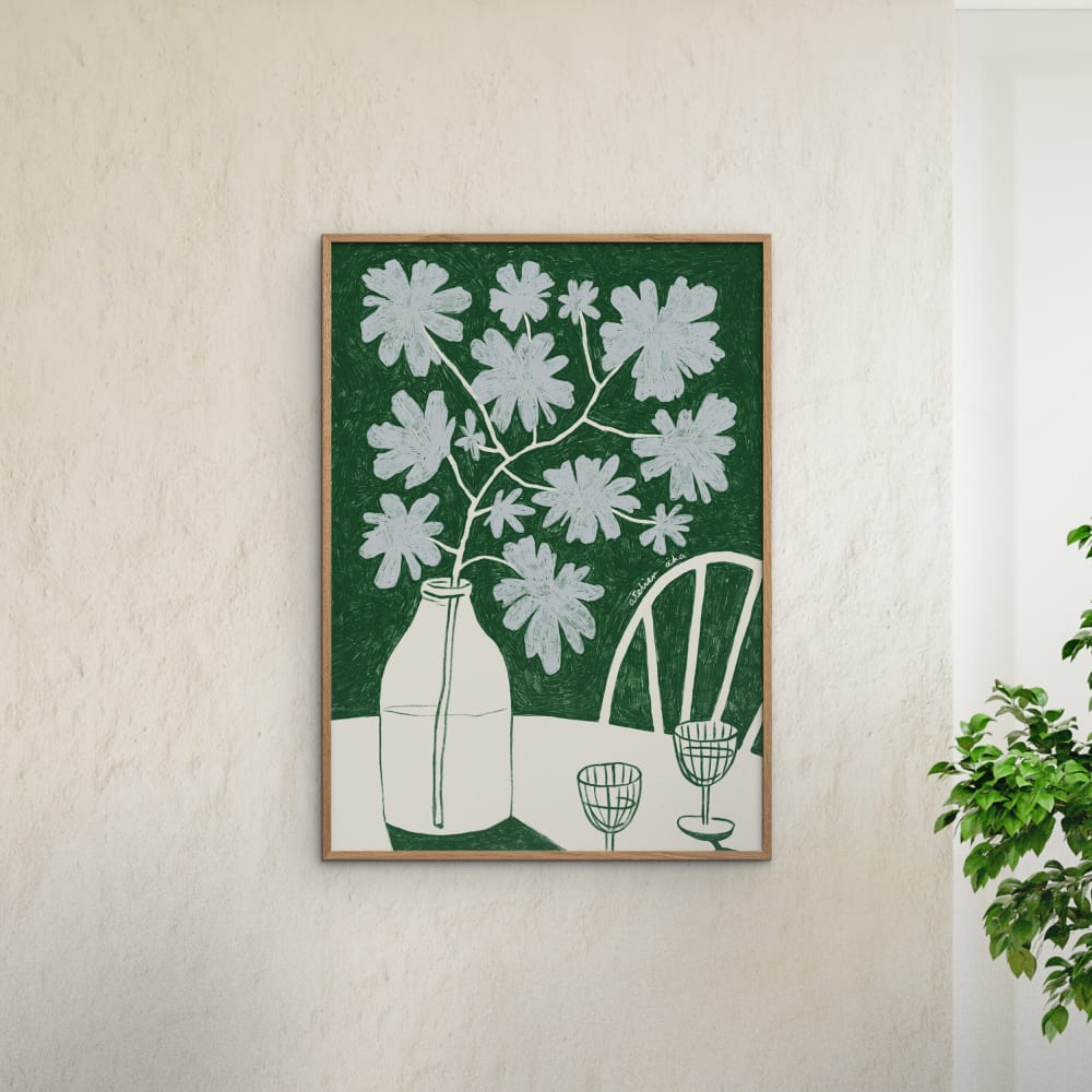 Affiche ''Blue Flowers & Red Wine'' Cadre en Chêne - 50x70 cm