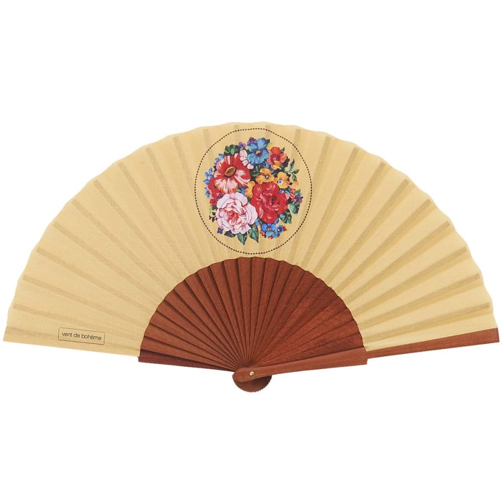 Vent de Bohème Eventail bois de merisier motif fleuri jaune style classique chic