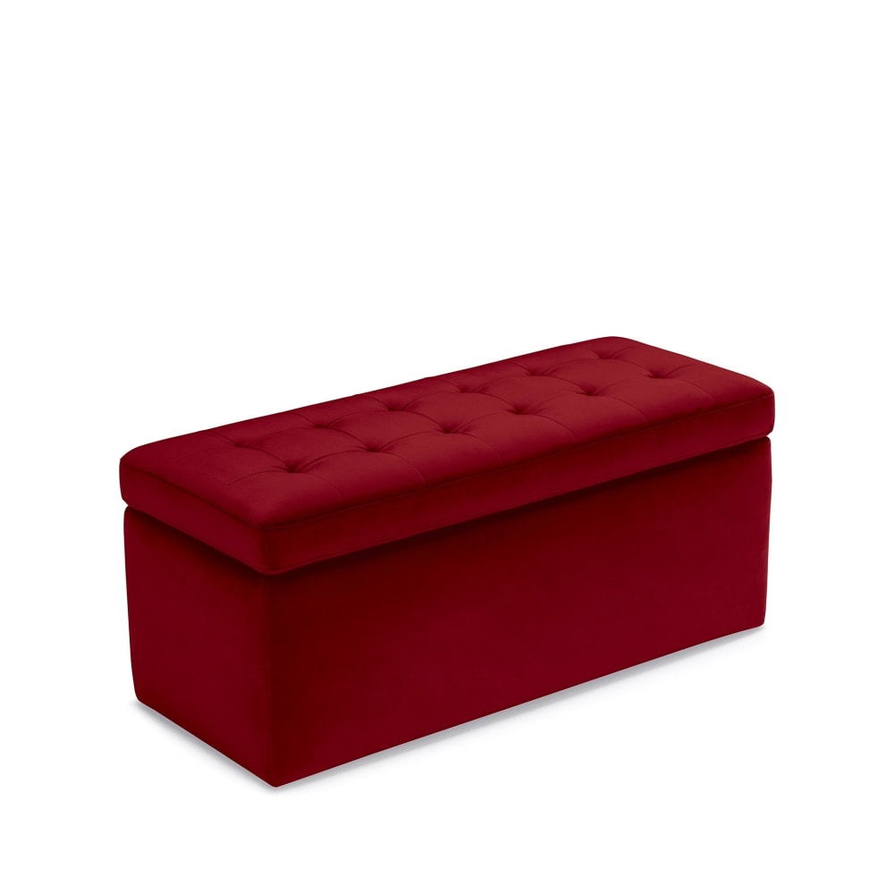 Banquette de rangement matelassée en velours bordeaux 110x50 cm