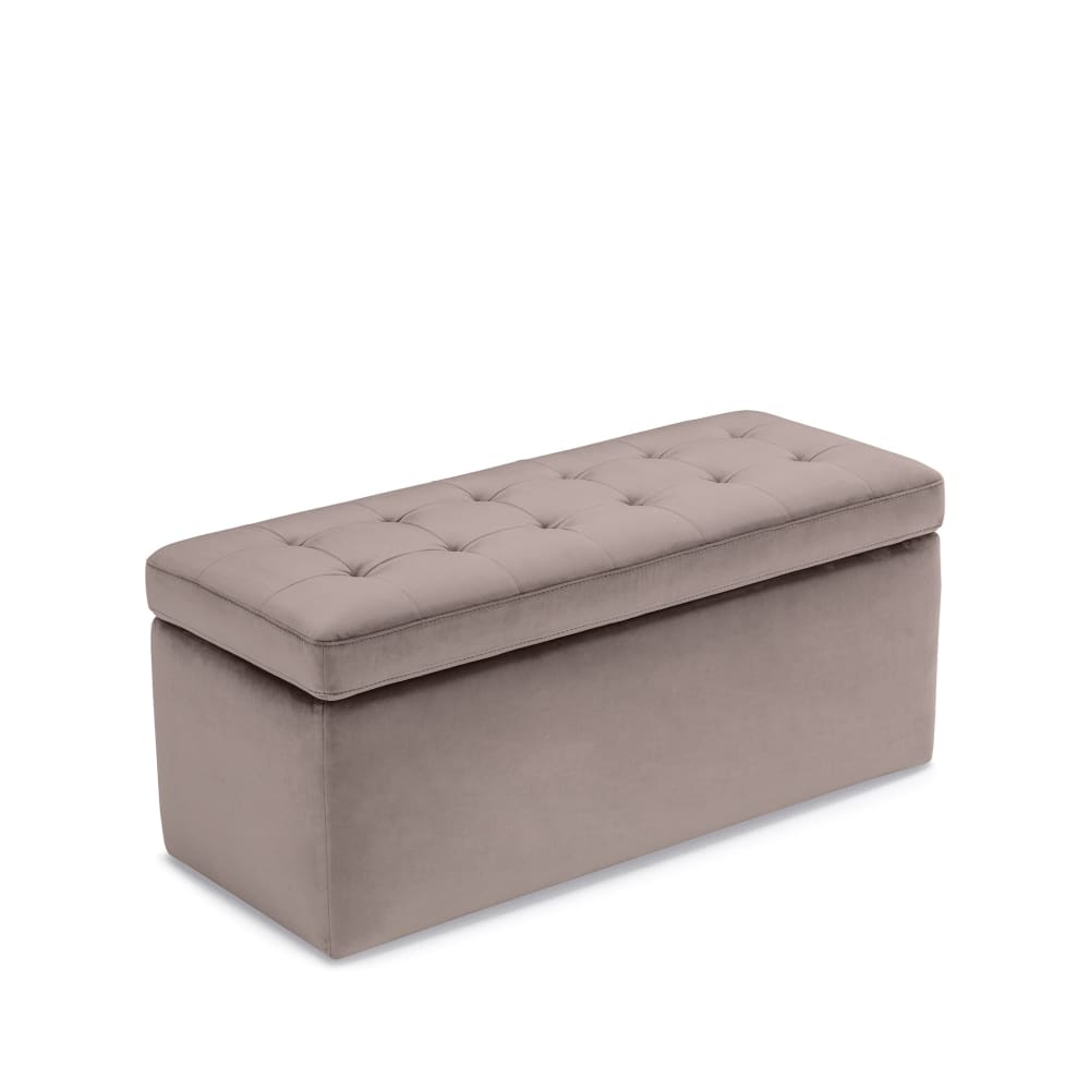 Banc rangement matelassée en velours gris tourterelle 110x50 cm
