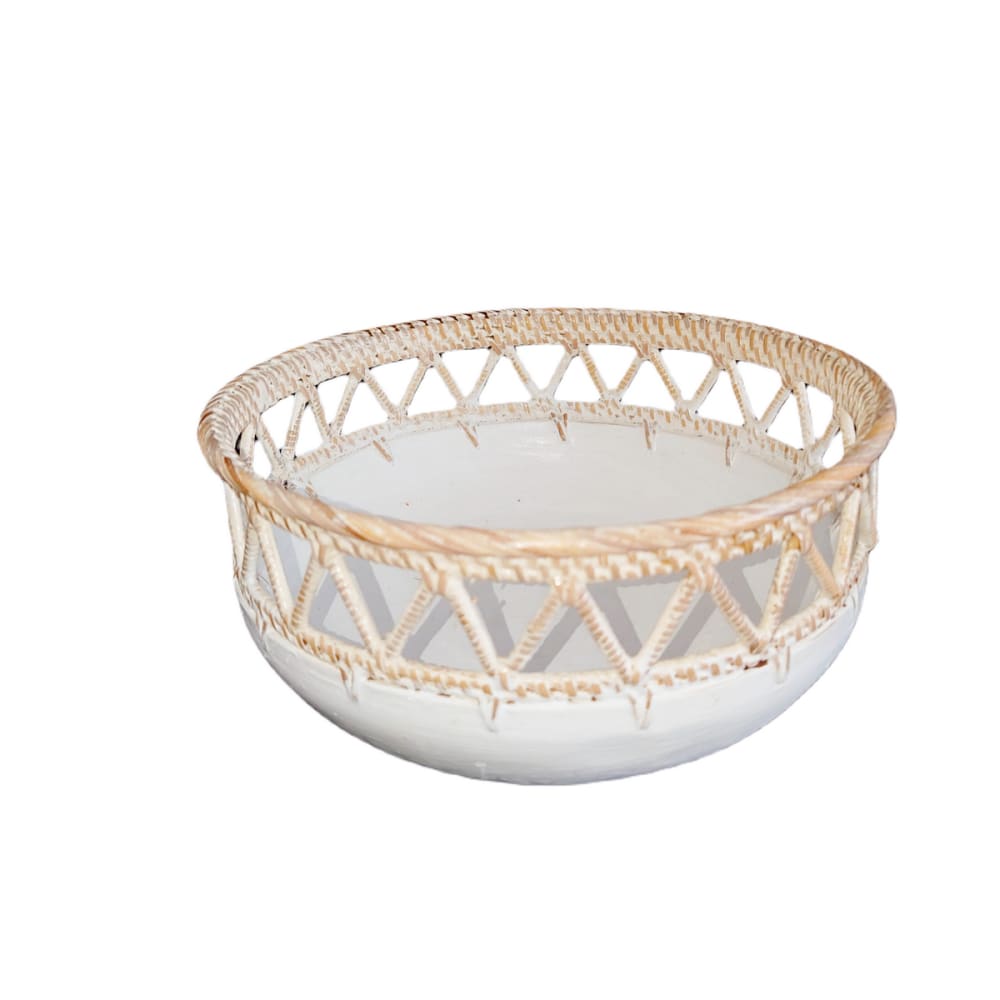 Bol rond en bois et rotin, blanc D26 cm
