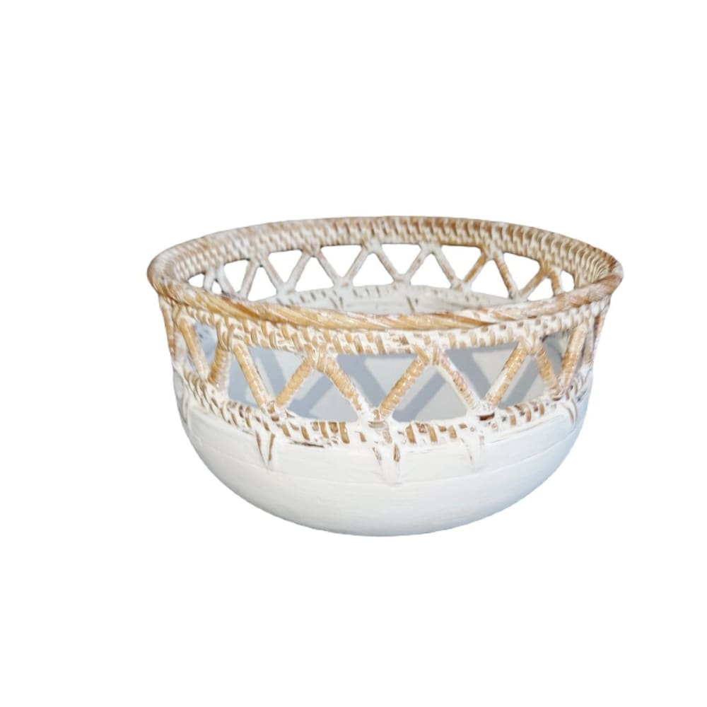Bol rond en bois et rotin, blanc D20 cm