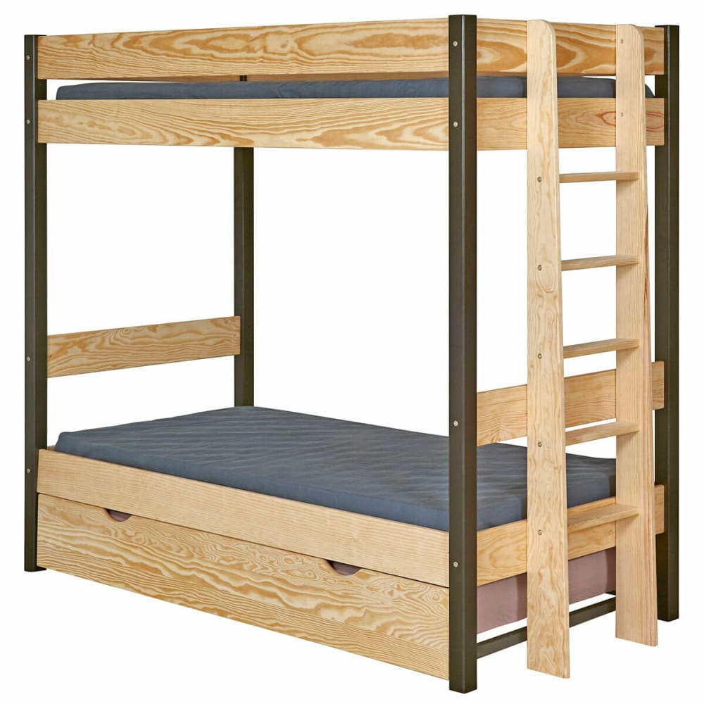 Pack lit superposé gigogne avec matelas noir et bois 90x190 cm