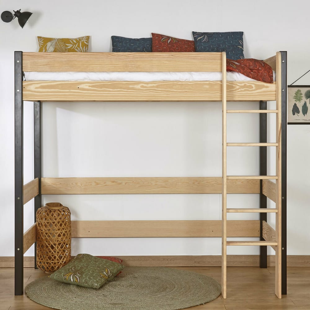 Lit mezzanine noir et bois 90x190 cm - Maisons du Monde
