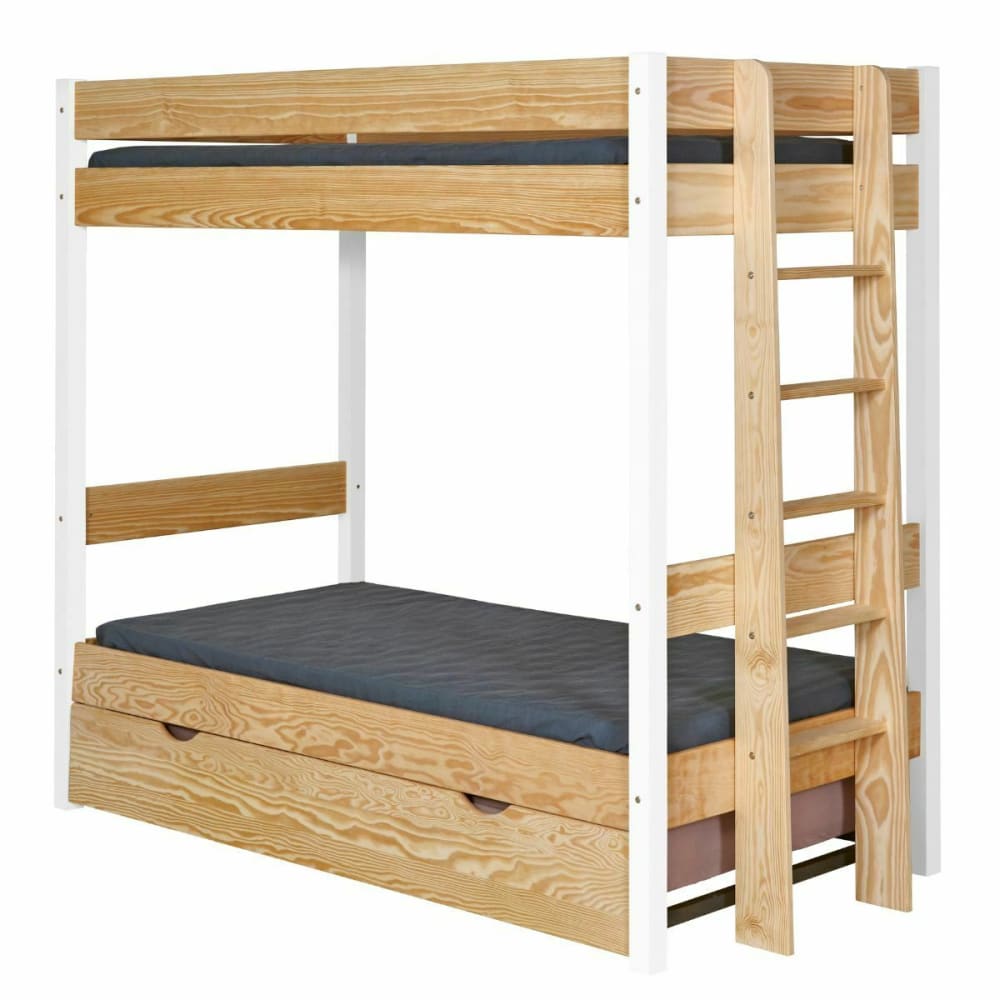 Pack lit superposé gigogne avec matelas blanc et bois 90x190 cm