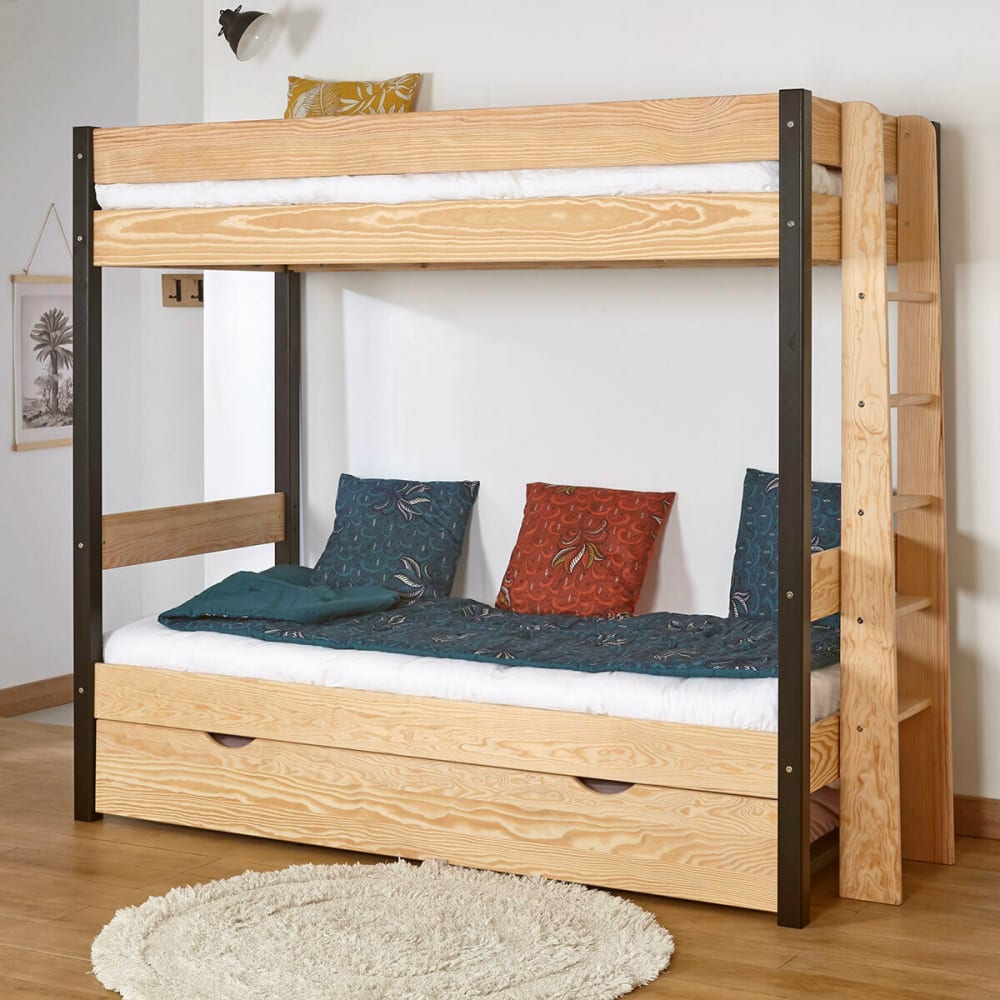 Lit superposé gigogne noir et bois 90x190 cm - Maisons du Monde