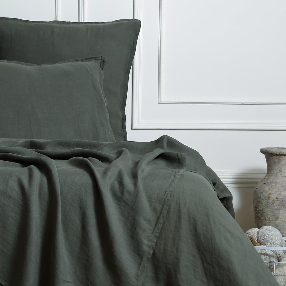 Taie d'oreiller (x2) lin lavé vert kaki 50x70