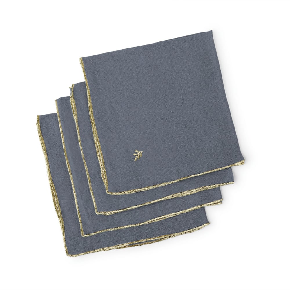 Lot de 4 serviettes de table lin lavé bleu orage & or 45x45