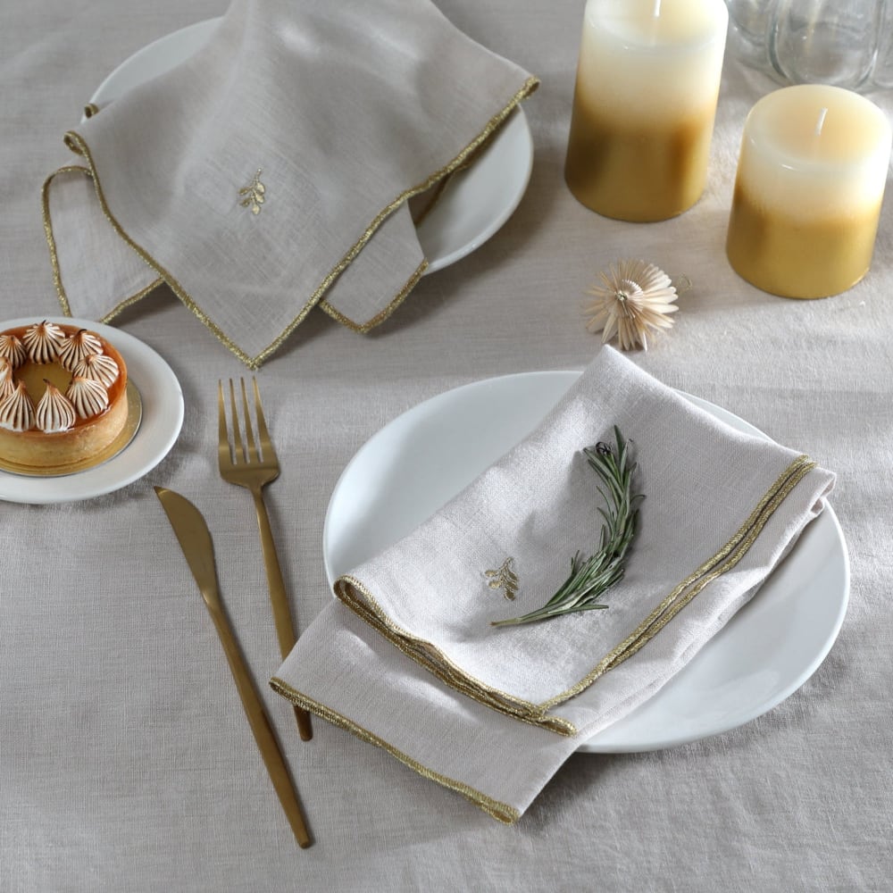 Lot de 4 serviettes de table lin lavé 45x45 naturel & or - Maisons du Monde