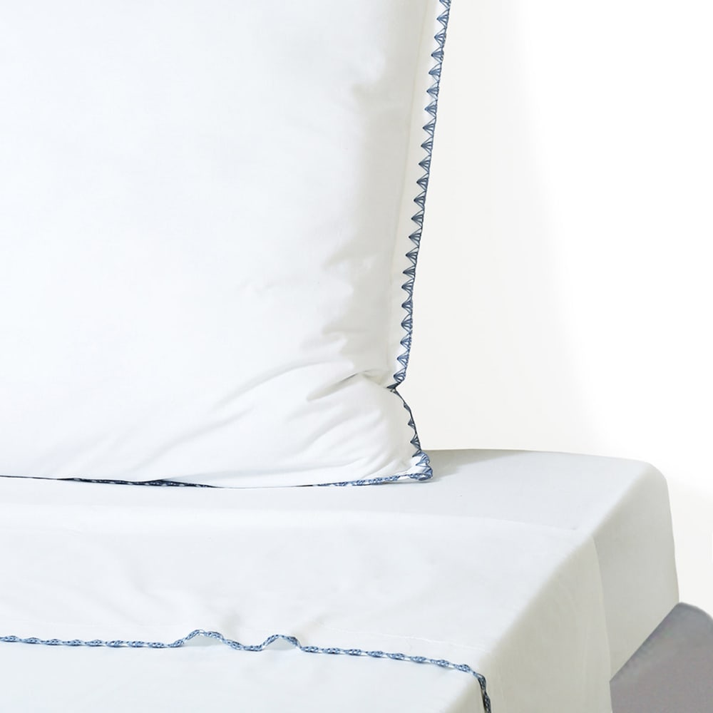 Drap plat percale de coton 240x300 blanc & bleu denim