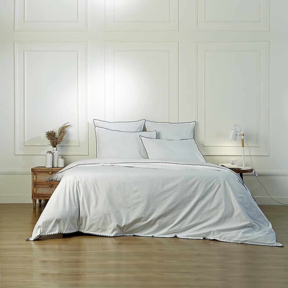 Drap plat percale de coton 240x300 blanc & bleu denim — vue 4