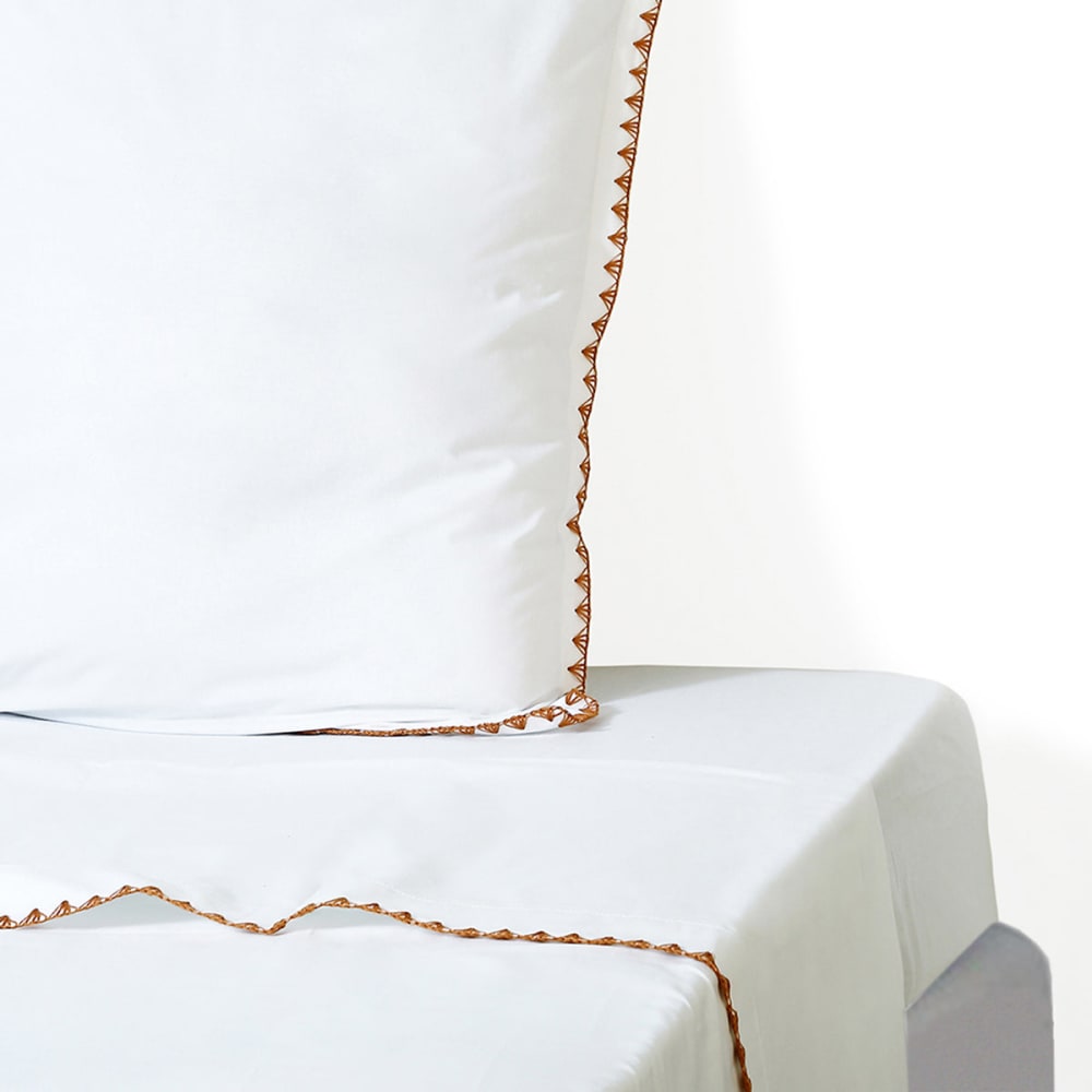 Drap plat percale de coton blanc & caramel 240x300
