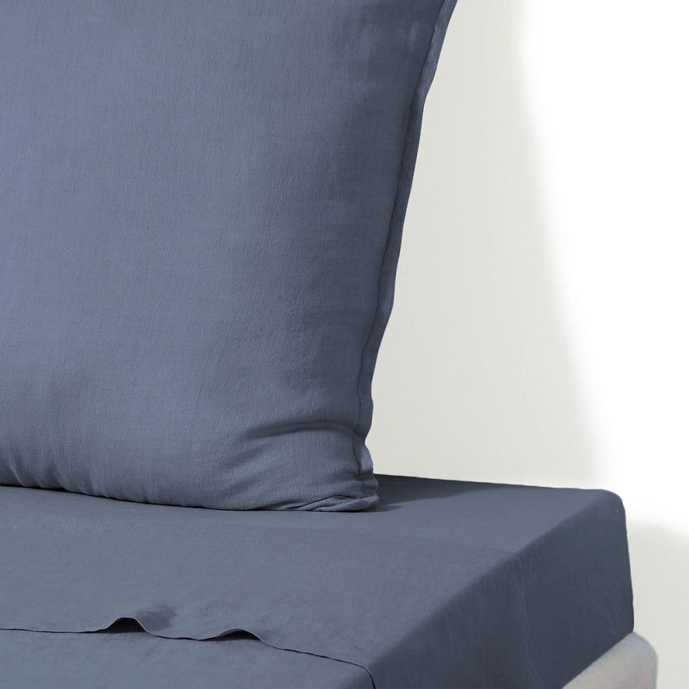 Drap plat lin lavé bleu orage 270x300