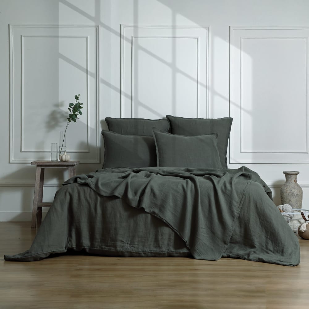 Parure + taies 65x65 lin lavé vert kaki 260x240