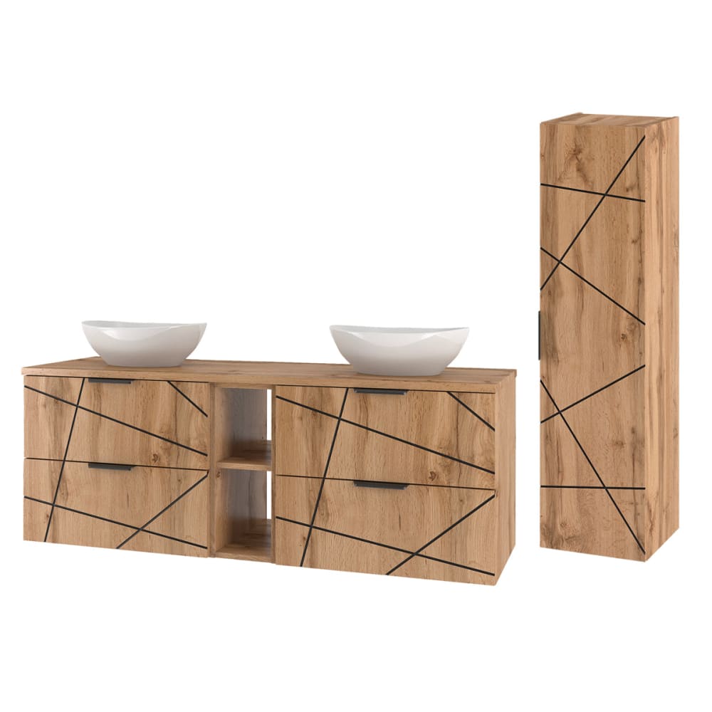 Set Doppelwaschtisch 140cm 2 Nischen Melamin Holz - Maisons Du