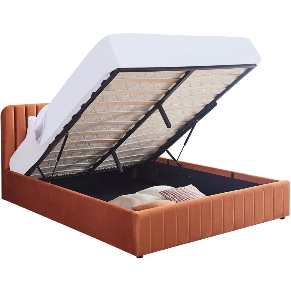 Lit coffre 140x190 cm avec tête de lit en velours terracotta