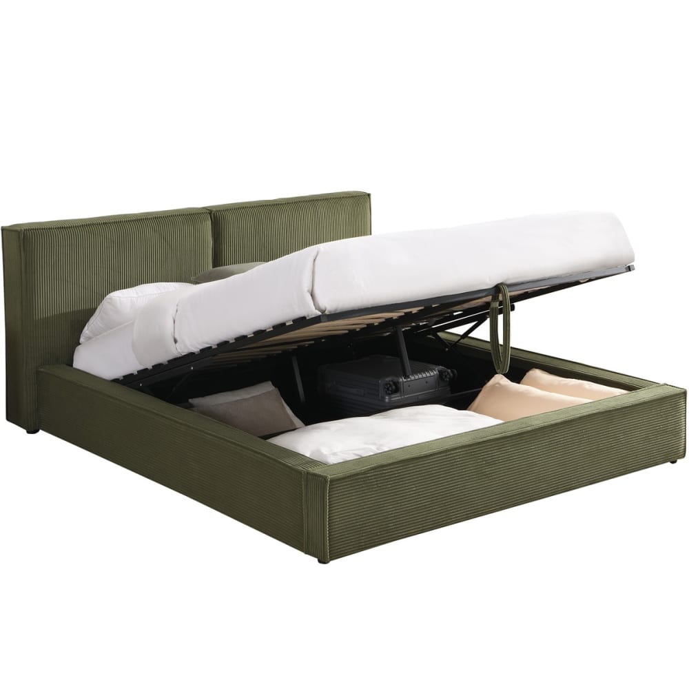 Lit coffre 180x200 cm avec tête de lit en velours côtelé vert