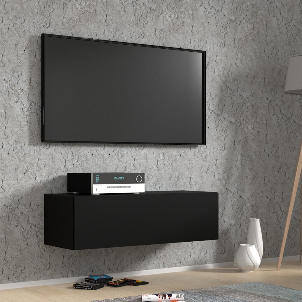 Meuble tv mural 1 porte 100 cm panneaux laminés noir