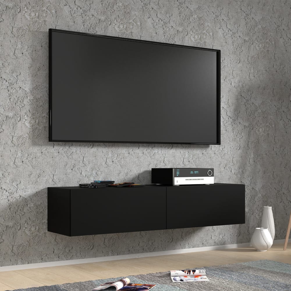 Meuble tv mural 2 portes 140 cm panneaux laminés noir - Maisons du Monde
