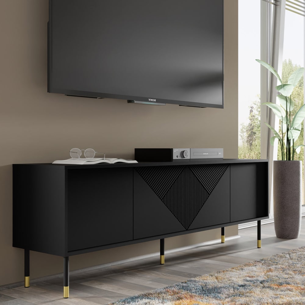 TV-Möbel mit 4 Türen 180 cm Laminatplatten Schwarz - Maisons Du