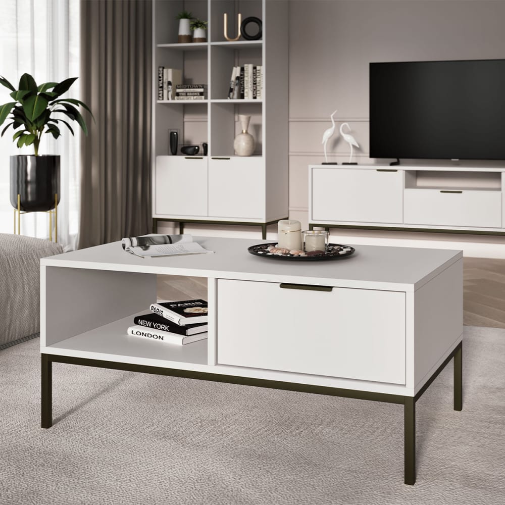 Petits meubles Table basse 80 cm blanc pieds noirs panneaux de particules multicolore Noir Panneau De Particules - 80x45x60cm