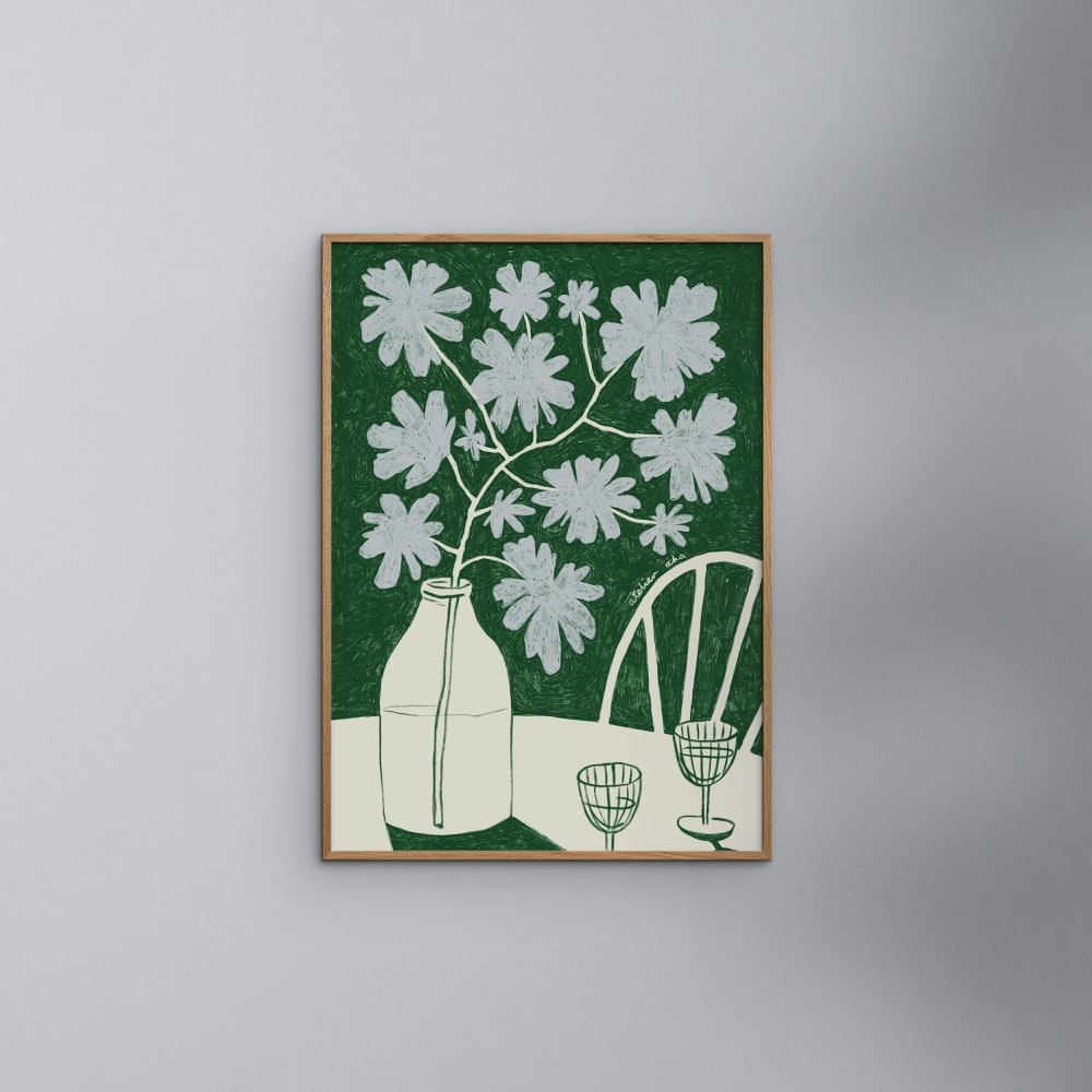 Affiche ''Blue Flowers & Red Wine'' Cadre en Chêne - 70x100 cm