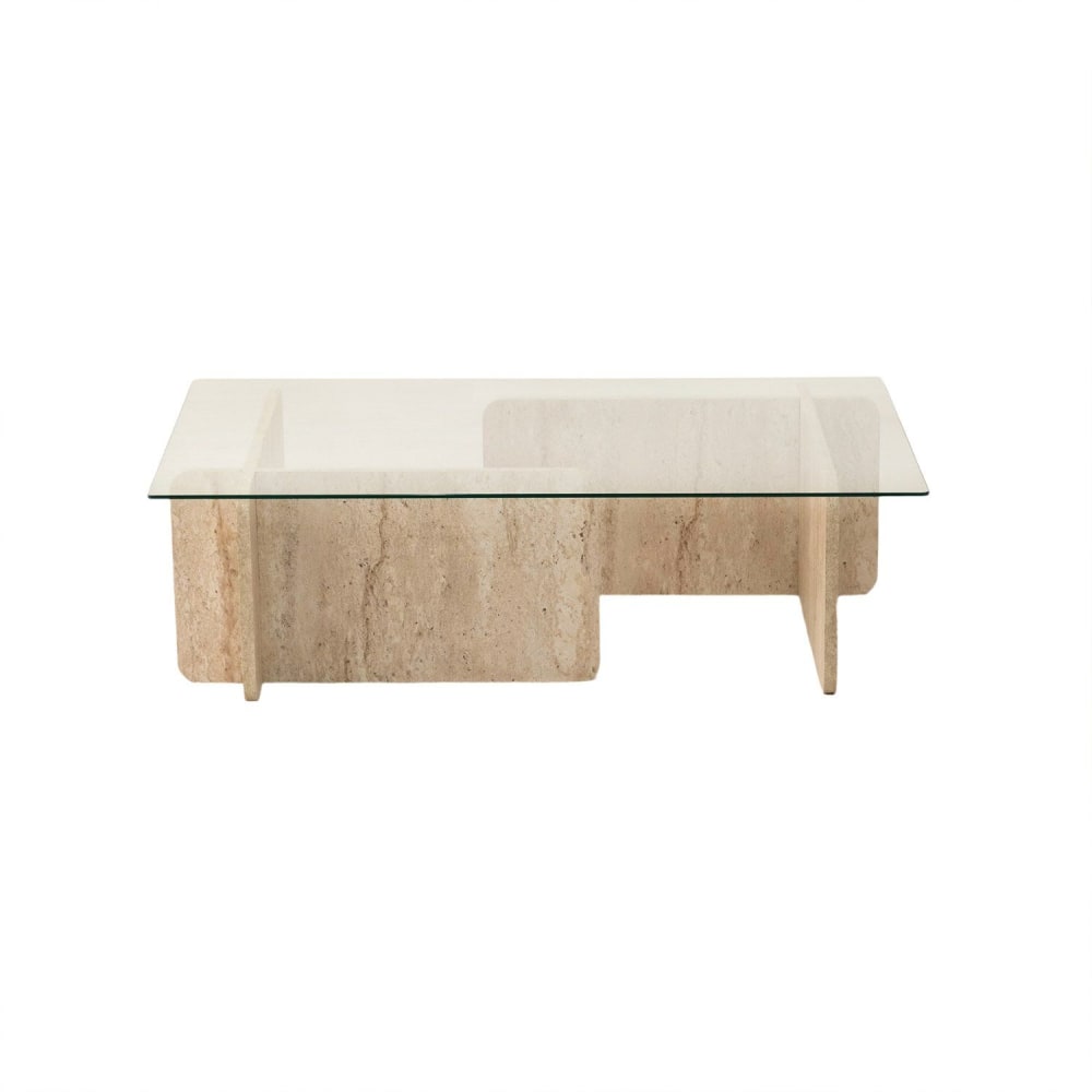 Table basse rectangulaire effet travertin et verre beige