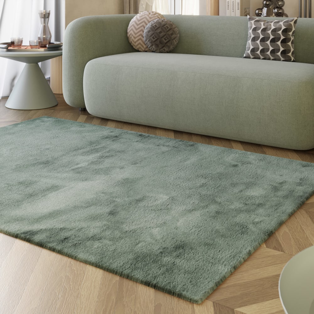 Tapis imitation fourrure lapin doux tufté vert sauge 70x140