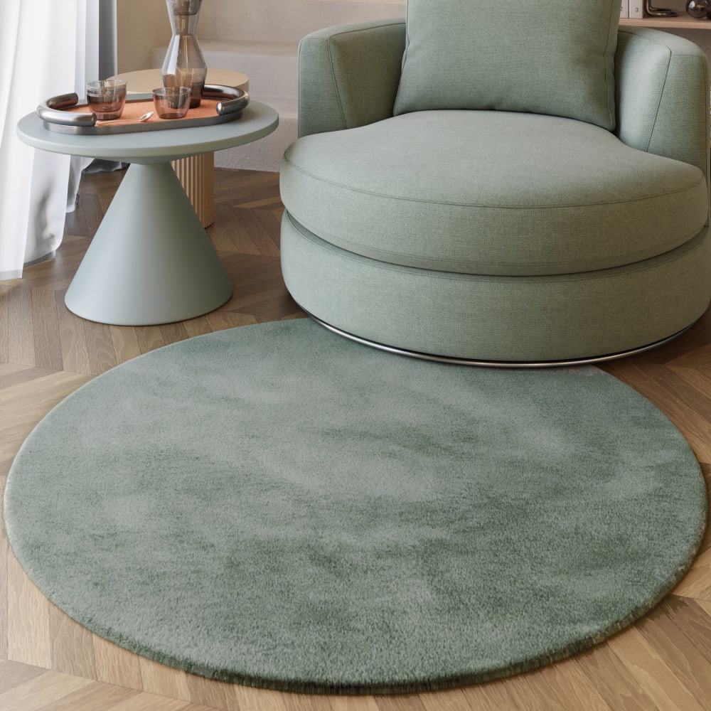 Tapis rond imitation fourrure lapin doux tufté vert sauge ⌀150