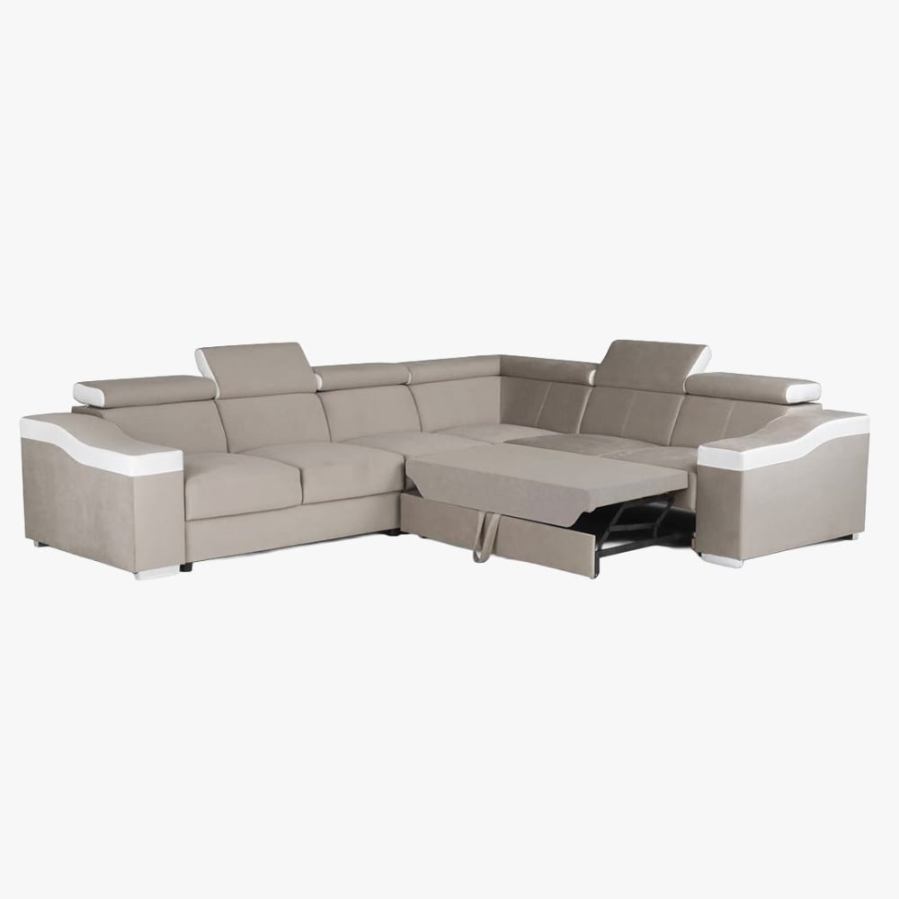 Canapé d’angle convertible réversible en velours beige et simili blanc - Maisons du Monde