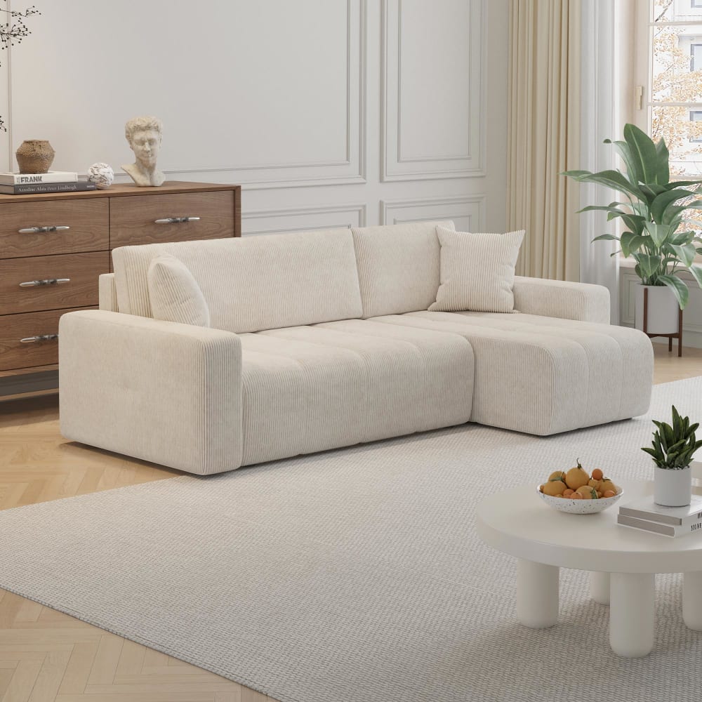 Canapé d'angle convertible réversible coffre en velours côtelé beige - Maisons du Monde