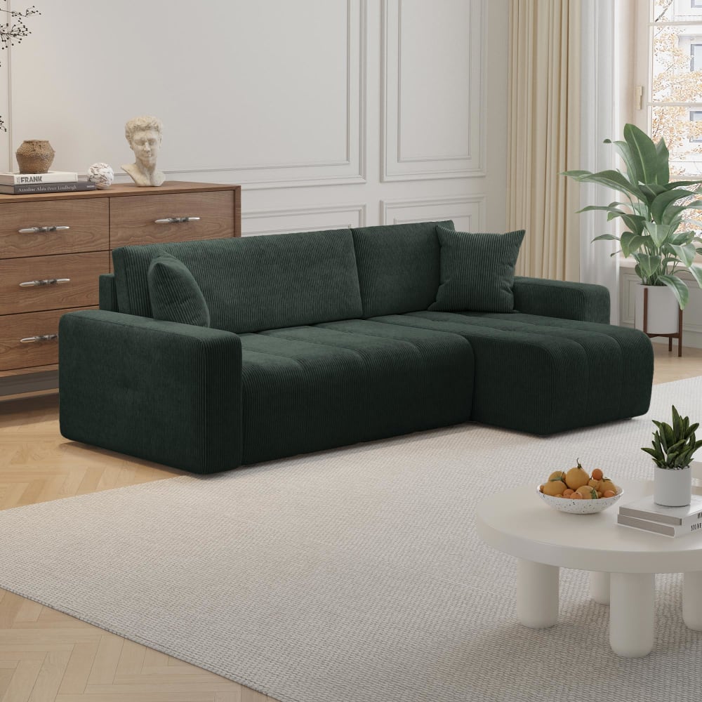 MOBILIER DECO Canapé d'angle convertible réversible coffre en velours côtelé vert - Tissu