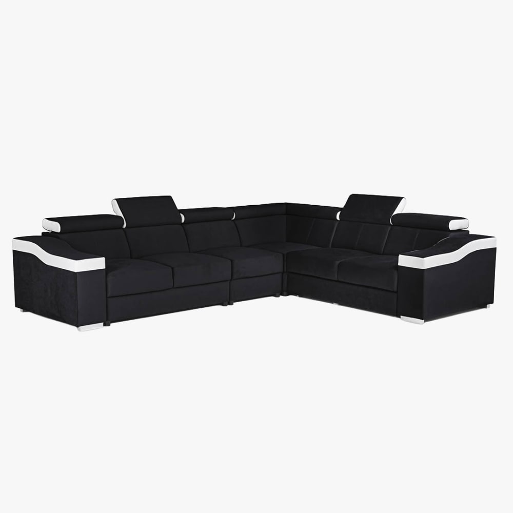 MOBILIER DECO Canapé d’angle convertible réversible en tissu noir et simili blanc