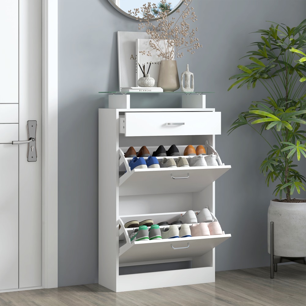 Armoire à chaussures 2 portes tiroir étagère verre blanc - Maisons du Monde