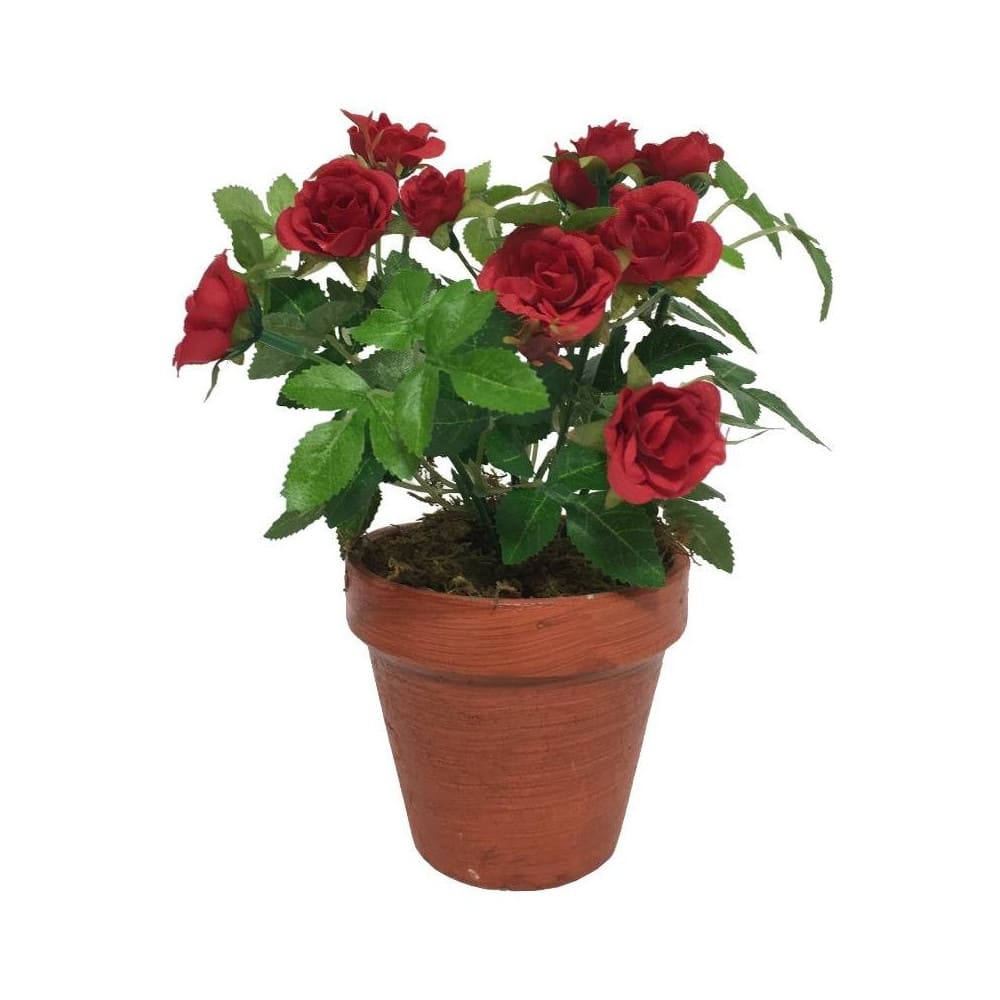 Rosier plante fleur artificielle extérieur cimetière tissu rouge 23cm Rosier plante fleur artificielle extérieur cimetière tissu rouge 23cm