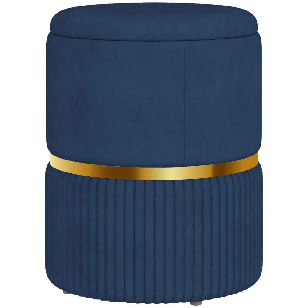 Pouf coffre intégré design velours côtelé acier brossé doré bleu