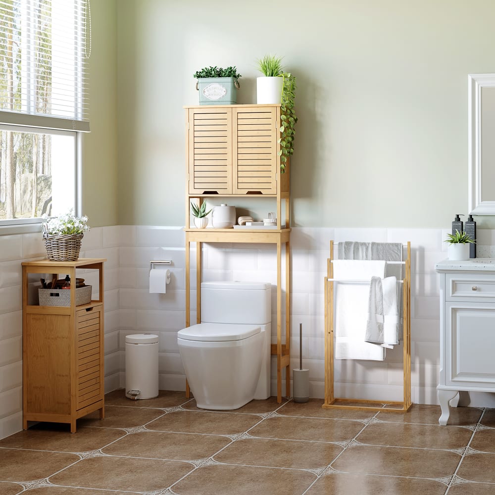 Porte-serviette autoportant 3 barres acier blanc bambou - Maisons du Monde