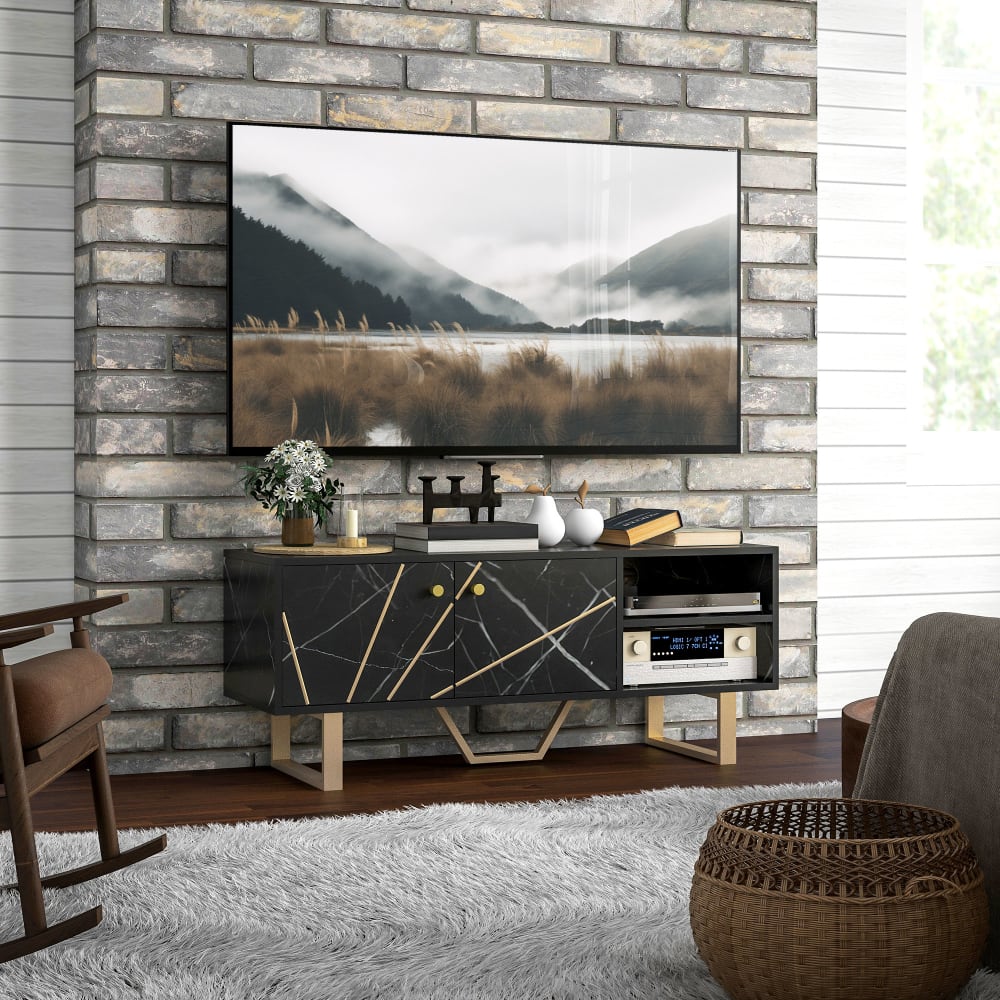 Meuble TV design métal doré aspect marbre noir