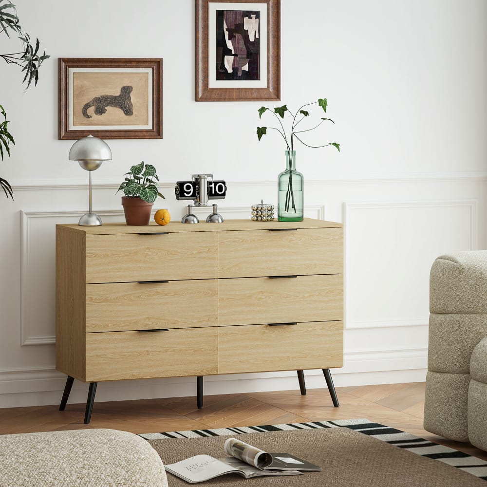 Commode 6 tiroirs style scandinave métal noir aspect bois clair - Maisons du Monde