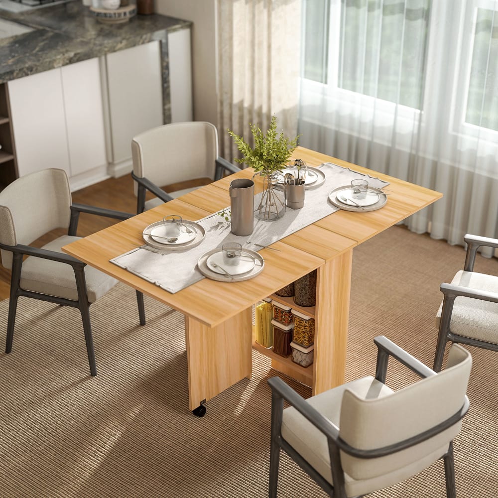 Klapptisch 4 Personen, 2 integrierte Regale & helles Holz -