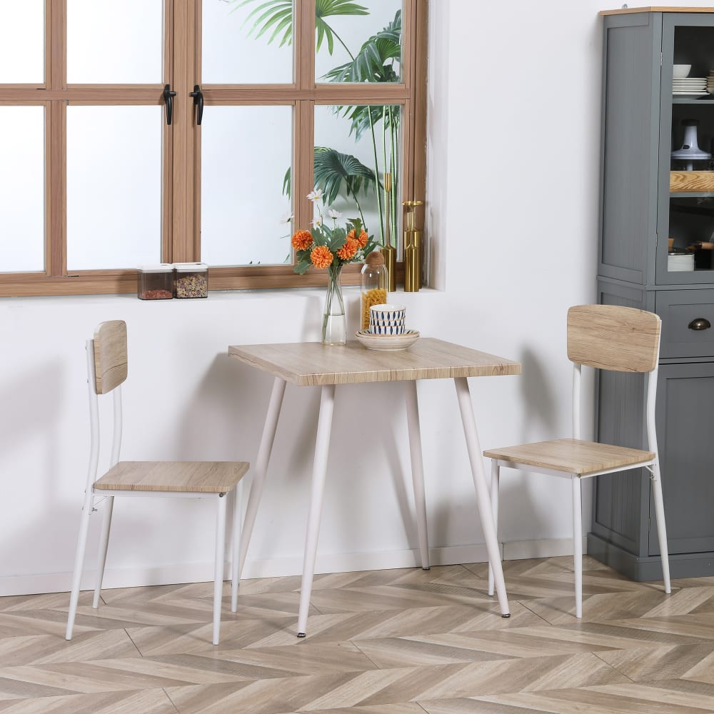 Nordischer 3-teiliger Tisch-&Stuhlset Weißstahl&Holzoptik -