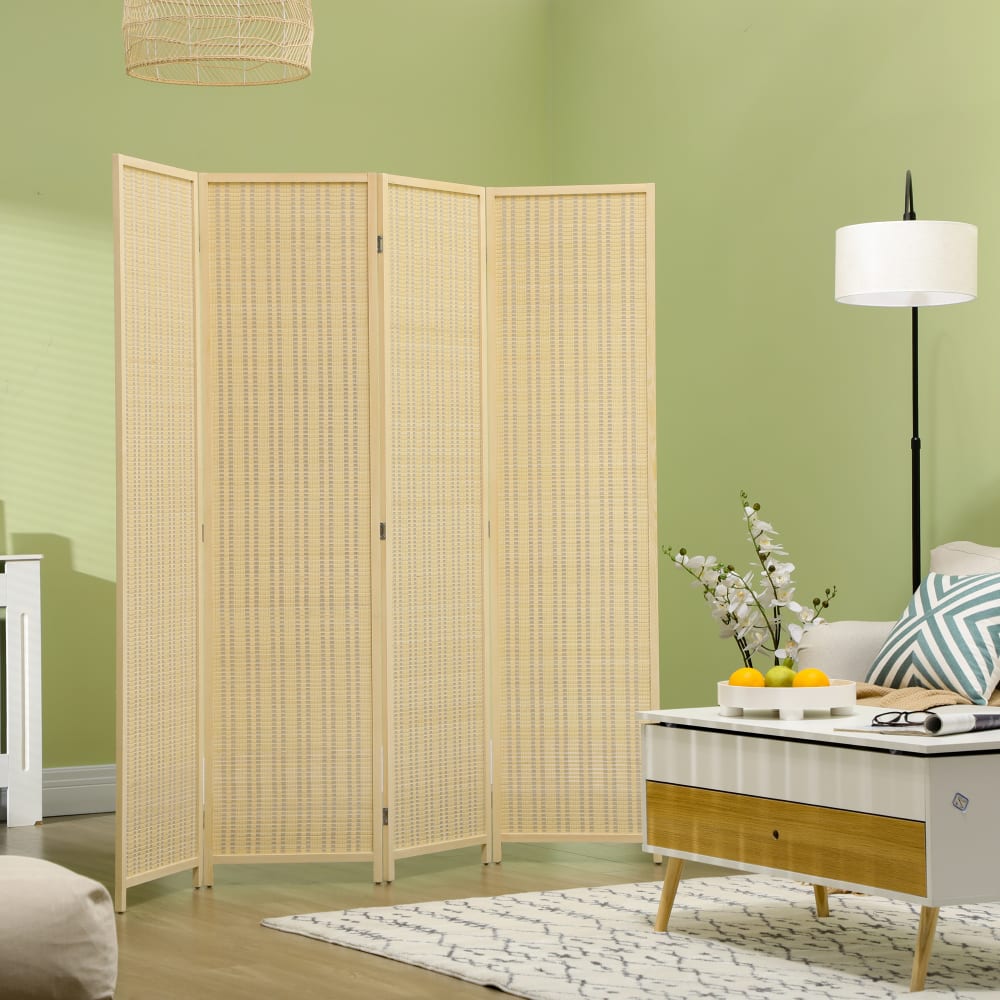 Paravent intérieur pliable 4 panneaux bois pin bambou coton — vue 4
