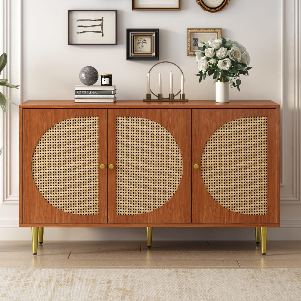 Buffet effet bois noyer avec 3 portes en rotin poignées pieds dorés
