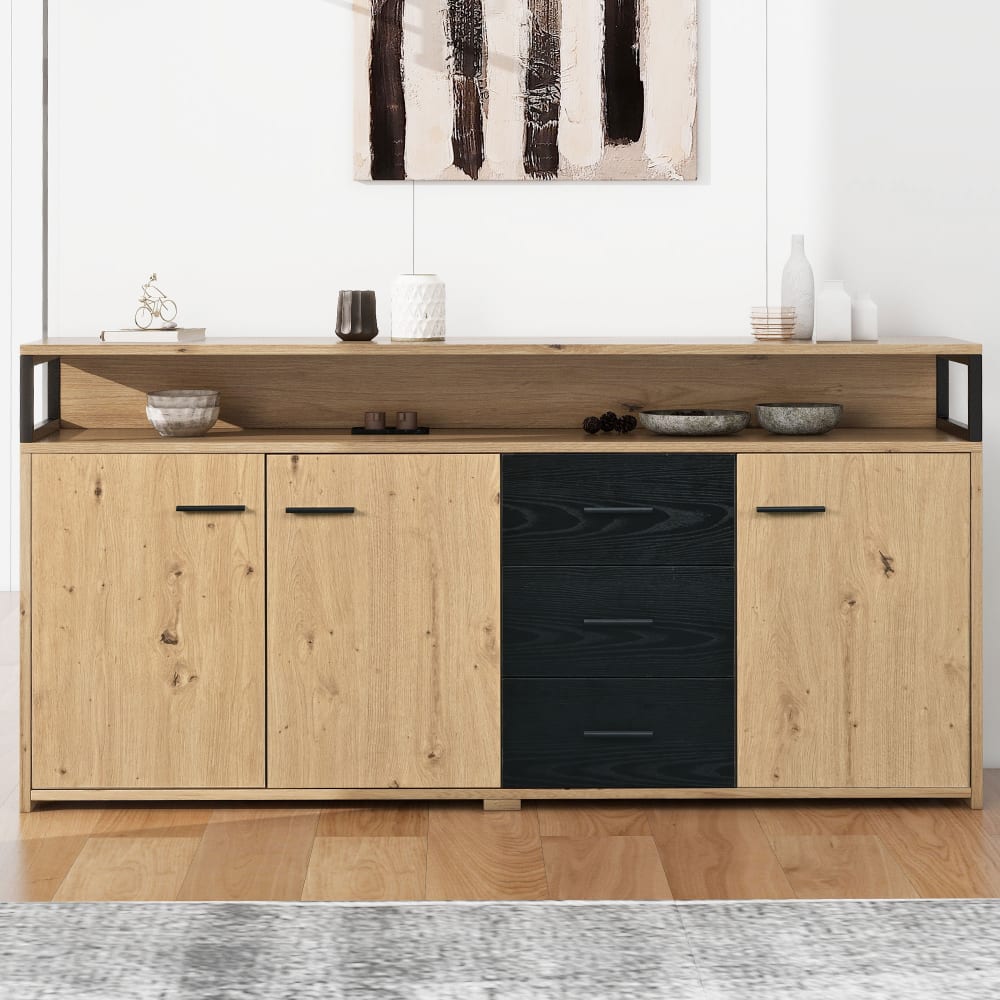 Buffet industriel effet bois avec 3 portes et 3 tiroirs rangement