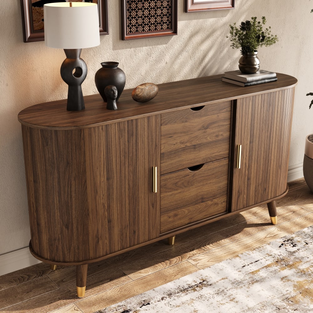 Buffet effet bois noyer 6 tiroirs en relief et poignées pieds dorés - Maisons du Monde
