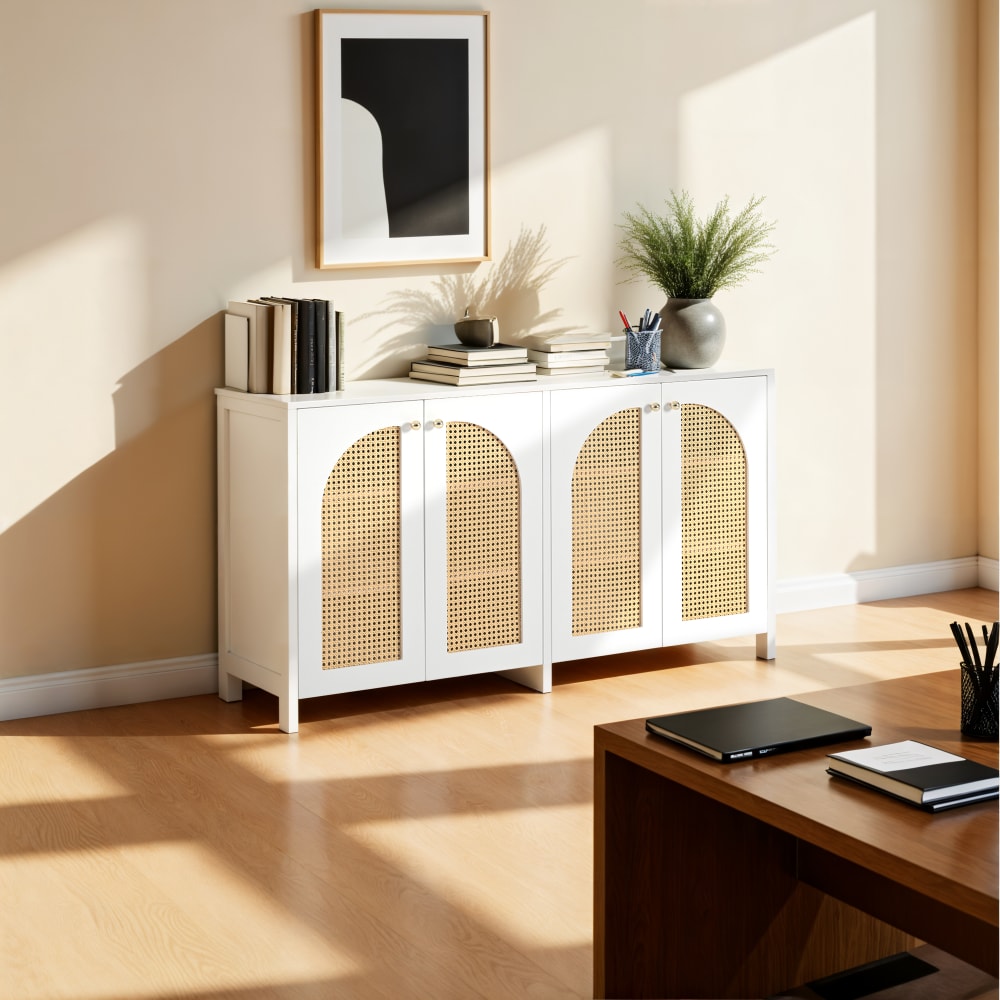 Urban Meuble Elegantes Rattan-Sideboard mit 4 Türen, Weiß style exotic Weiß Rattan