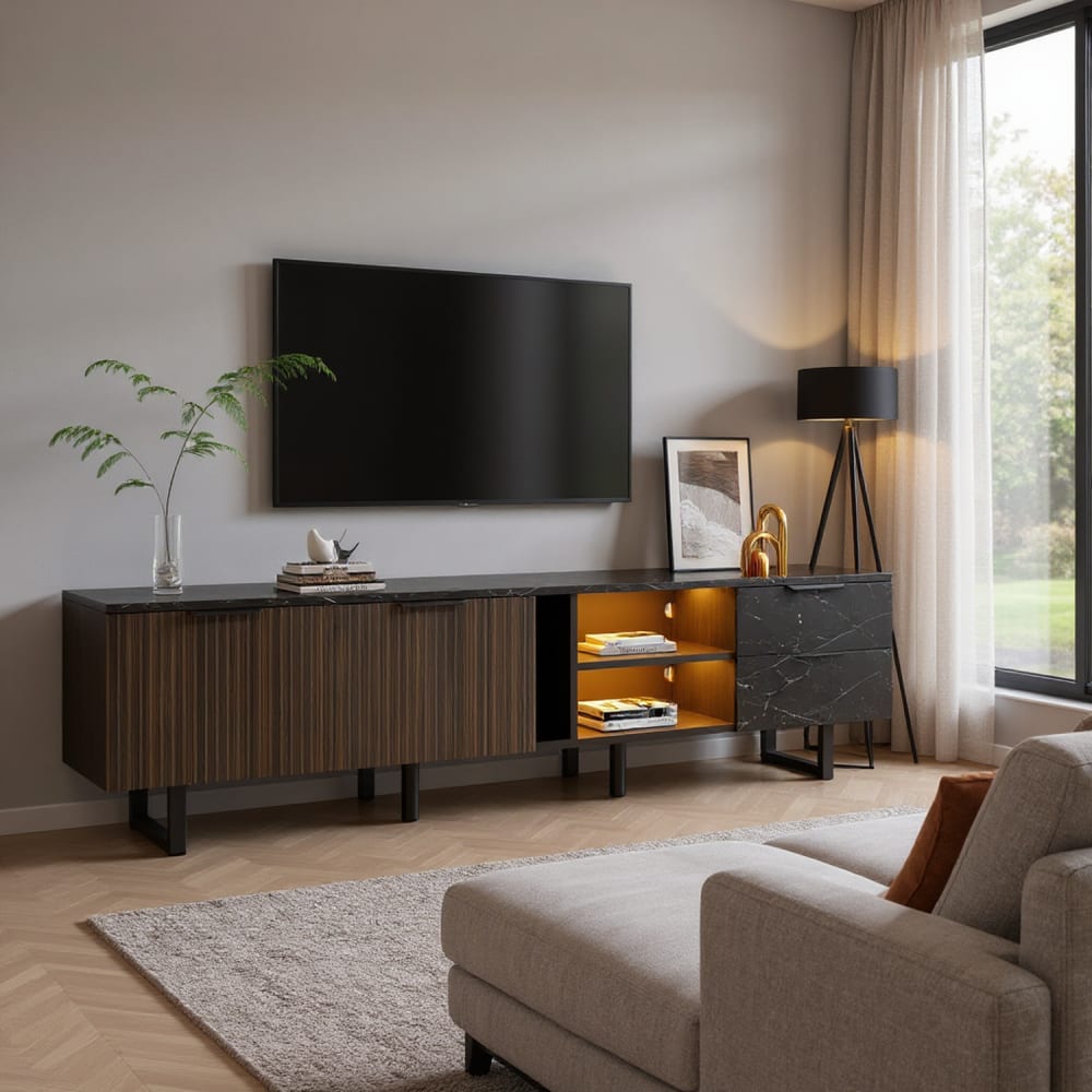 mueble tv efecto marmol negro con iluminacion led 2 puertas 2 cajones