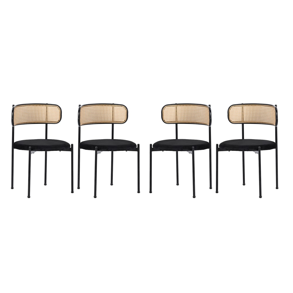 Lot de 4 chaises vintage dossier en rotin assise velours noir — Beyit