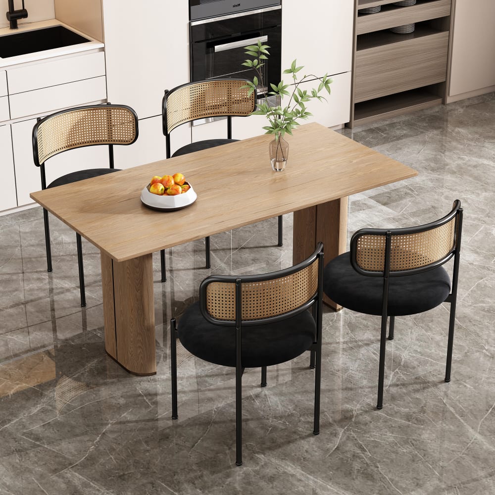 Set aus 4 Vintage-Rattan-Rückenstühlen mit Samtsitz, Schwarz -