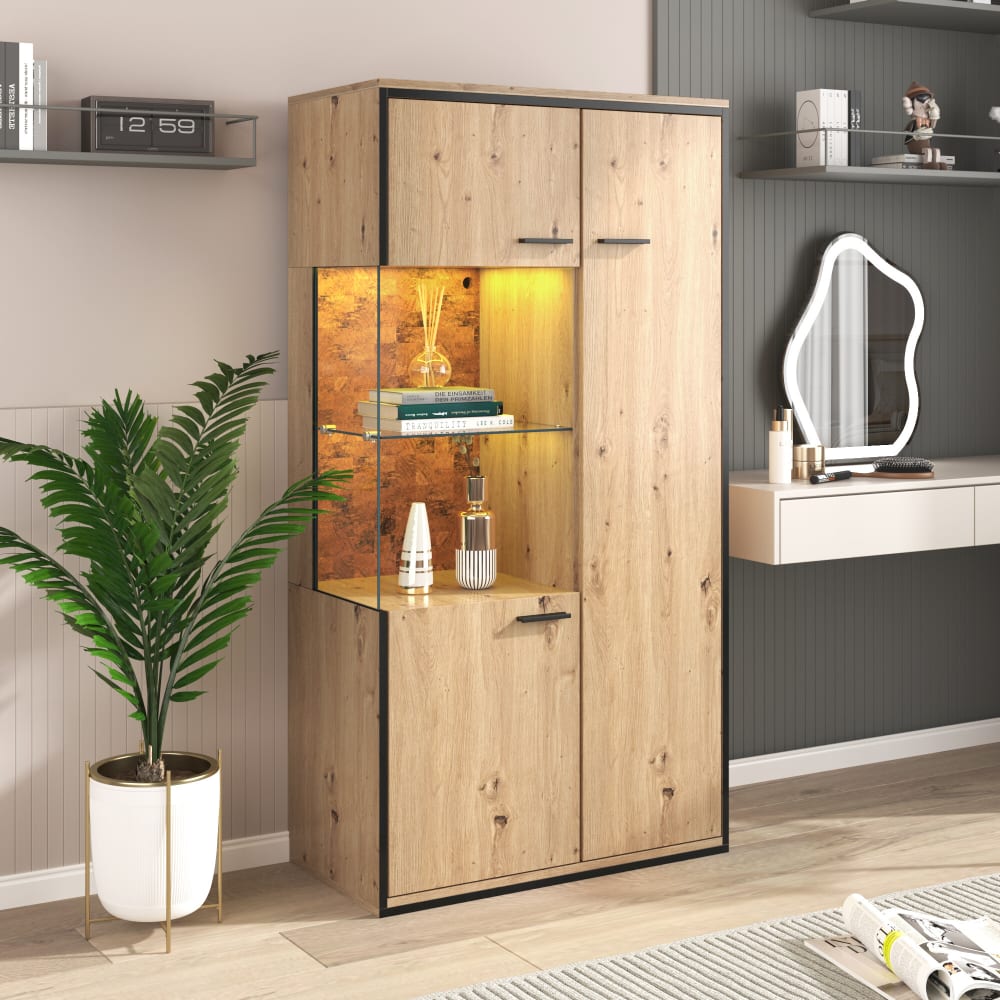 Moderne Hochvitrine mit LED-Beleuchtung 150Hx78Lx40Tcm, Beige -